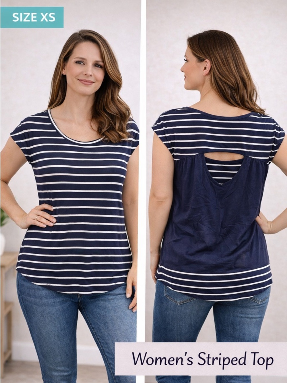 August mist Striped Navy and White Cap Sleeve Top - XS